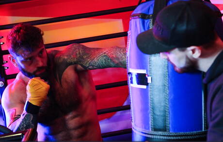 Hunk tattooed Jay Dymel , Markus Kage , Ryan Stone doing trio in hotel