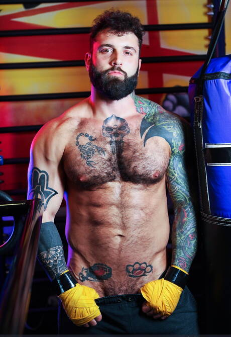 Hunk tattooed Jay Dymel , Markus Kage , Ryan Stone doing trio in hotel