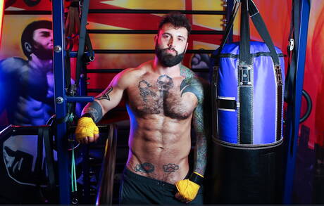 Hunk tattooed Jay Dymel , Markus Kage , Ryan Stone doing trio in hotel