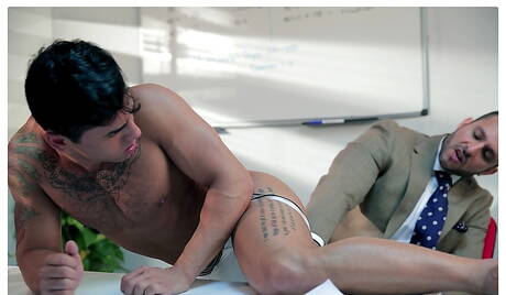 Argentinian bear Adam Champ and brazilian husky guy Bruno Bernal fuck ass after blowjob