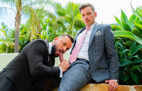 Der gutaussehende Belgier Damon Heart und der heiße portugiesische Bär Sir Peter ficken sich in den Arsch, nachdem sie am Pool gelutscht haben