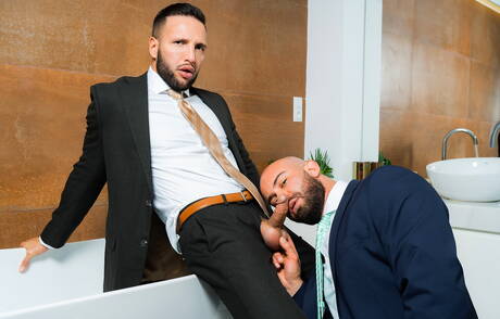 Husky guy Bruno Max and beefy Donato Reyes have a good anal sex in bathroom