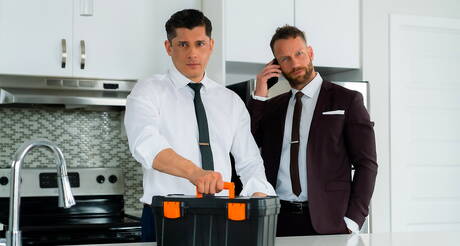 Nice american guys hunk Kit Cohen and husky guy Rocky Vallarta fuck after dick sucking in kitchen