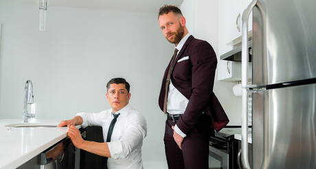 Nice american guys hunk Kit Cohen and husky guy Rocky Vallarta fuck after dick sucking in kitchen