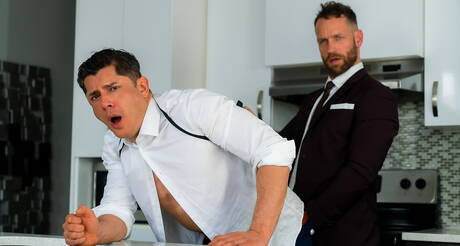 Nice american guys hunk Kit Cohen and husky guy Rocky Vallarta fuck after dick sucking in kitchen