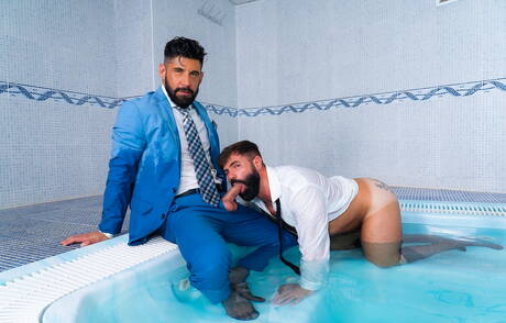Der attraktive Dani Robles und der attraktive Justin Jett haben harten Analsex am Pool