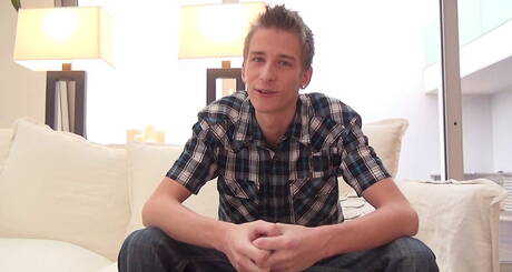 Young blonde gay jerking his big cock and cum