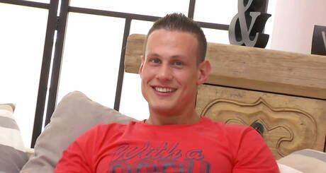 Young blonde gay jerking his big cock and cum