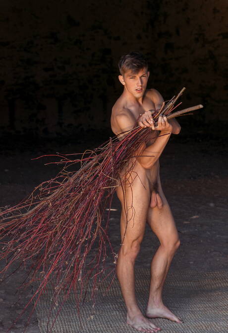 Young dude Kirk Gauguin and pretty boy Allan AimÃ©e posing nude and showing ass outdoor