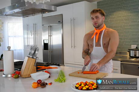 Man Royale: American strongman Trent Marx and beefcake Tony Genius in interracial love in kitchen