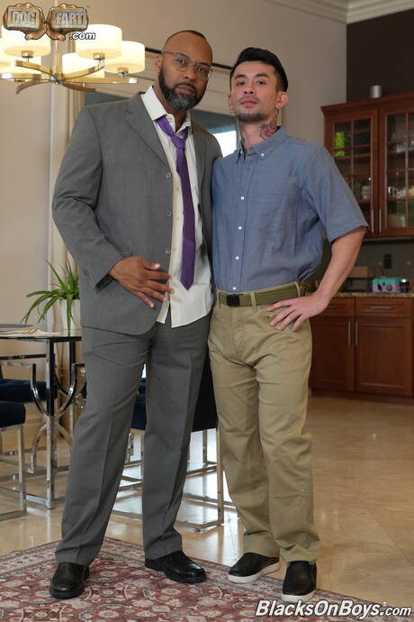 Muscular David Zayne and ebony muscular Ray Diesel in black on white love in kitchen