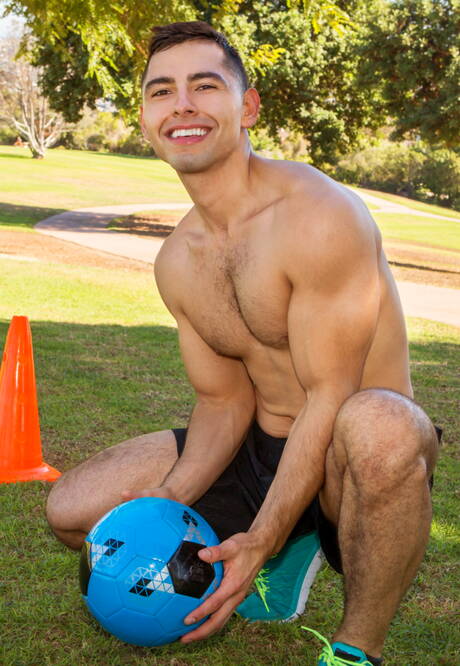 Husky guy Cassian shows a perfect body outdoor