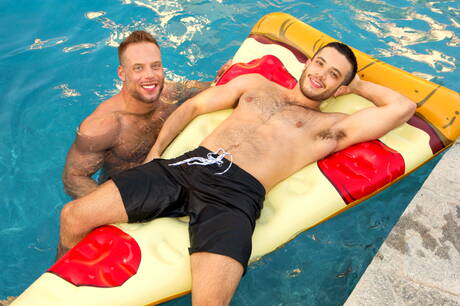 Hunky guy Jack and latin beefcake Manny have a hot couple sex in the pool