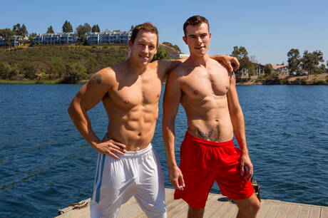 Superstud Chase and hunky guy Graham drilling an ass outside