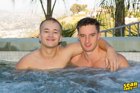 American stars beefy Kit Cohen and young Corey Jakobs fuck ass after sucking dick at the pool