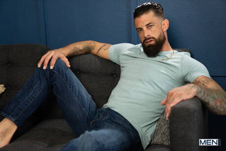 Men.com: American stars muscular Johnny Donovan and hairy bear Alpha Wolfe have a hot couple scene