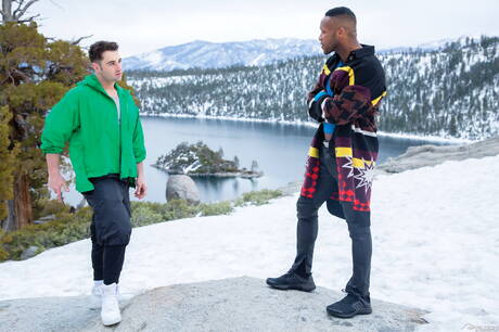 Ebony strongman Andre Donovan and british tough guy Michael Boston have a hot interracial sex outside