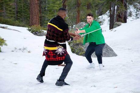 Ebony strongman Andre Donovan and british tough guy Michael Boston have a hot interracial sex outside