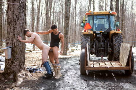 Der muskulöse Latino Kenzo Alvarez und der gut gebaute Upton Sterling bei heißer homosexueller Action im Freien