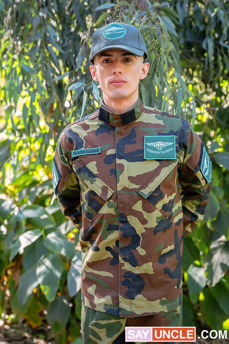 Military Dick: Hot buddies Frank Bauer, Sly Conan and Cecil Rose have a hot threesome sex outside