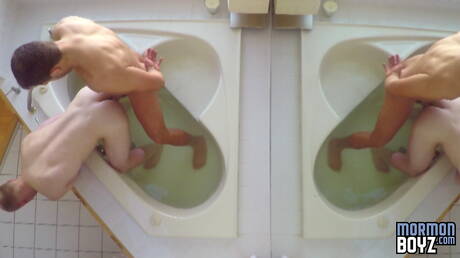 Nice american boys beefcake Elder Peterson and hunk Ryan Wilcox playing with dick in bathroom