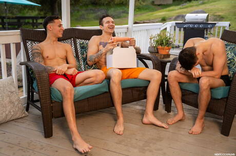 Nasty buddies Jayden Marcos, Des Irez and Kane Fox drilling an ass at the pool