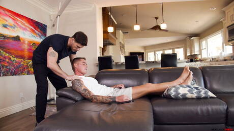 Two american boys tough guy Roman Todd and young boy Greyson Lane fuck ass after blowjob