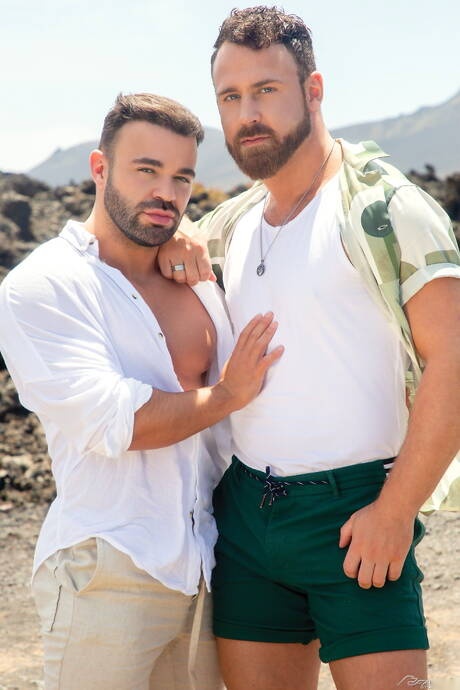 Dutch husky guy Logan Moore and  Sean Austin love each other after ocean beach walking
