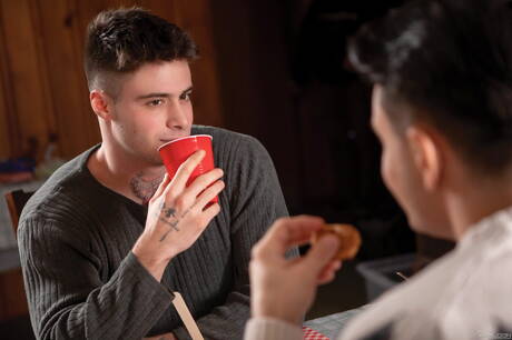 Falcon Studios: Husky guy Bruce Huxley and strongman Enzo Muller have a hot couple scene