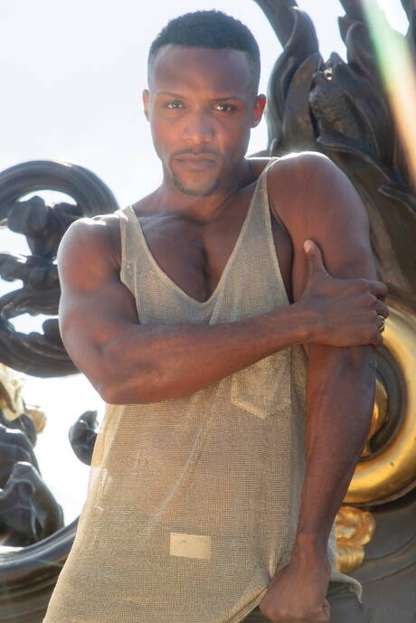 Spanish bear Dani Robles and black beefy Andre Donovan in black on white sex outdoor