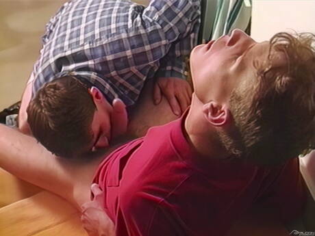 Le musclé Franz Karloff et le super étalon Hans Koloman dans une scène de fellation dans la cuisine