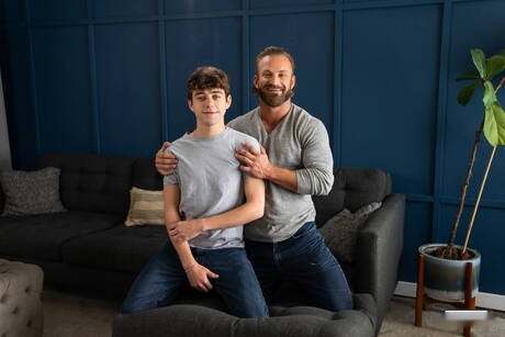 Famous americans, young boy Joey Mills and bodybuilder Bruce Jones drilling an ass