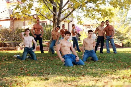 ジェシー・コルター、ピーター・レ、レオ・スウィートウッド、ダーク・ウェイクフィールド、ロビン、ブレイク・ストーン、タイソン、ドミニク・パシフィコ、マリオがプールで熱い男同士の乱交パーティーに興じる