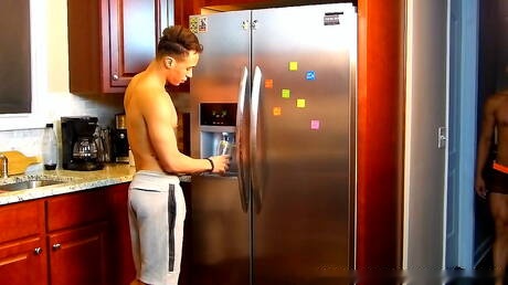 Asian stud Eli Lewis and latin superstud Santiago Figueroa fuck ass after sucking in kitchen