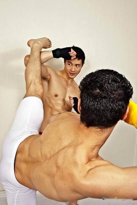 Stud Jake West and oriental bull Peter Le posing naked and showing tight butt