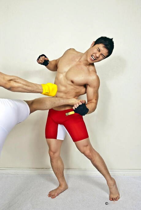 Stud Jake West and oriental bull Peter Le posing naked and showing tight butt