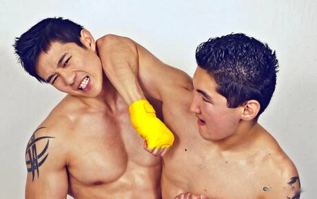 Stud Jake West and oriental bull Peter Le posing naked and showing tight butt