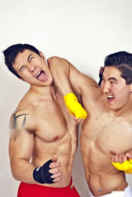 Stud Jake West and oriental bull Peter Le posing naked and showing tight butt