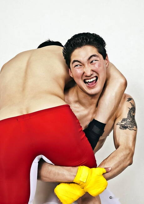 Stud Jake West and oriental bull Peter Le posing naked and showing tight butt