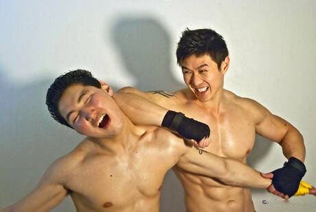 Stud Jake West and oriental bull Peter Le posing naked and showing tight butt