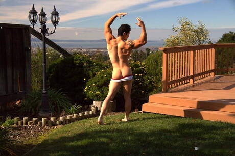 Oriental strong bull Peter Le get naked and showing nice butt outdoor