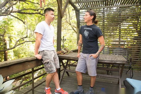 Gorgeous dude Tex and attractive boy Kai fuck ass after blowjob outside