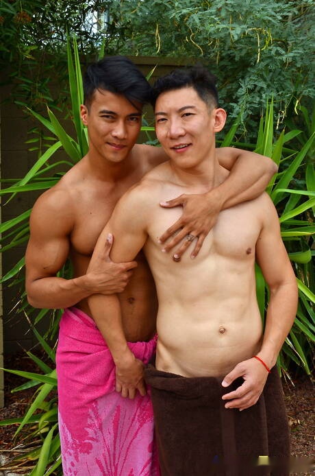 Oriental beefy Cody Hong and oriental muscular Ken Ott fuck ass after sucking dick at the pool