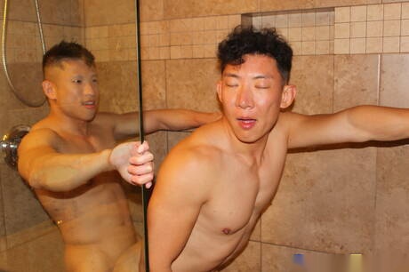 Asian strong bull Jessie Lee and asian hunky guy Cody Hong in hot anal sex in shower