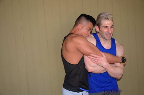 Sexy americans, stud Alex Chu and bodybuilder Sir Jet drilling an ass outside