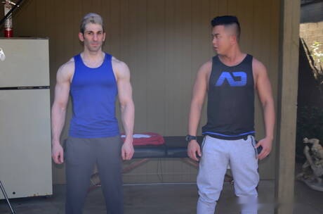Sexy americans, stud Alex Chu and bodybuilder Sir Jet drilling an ass outside