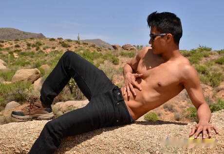 Asian bodybuilder Ken Ott posing nude outdoor