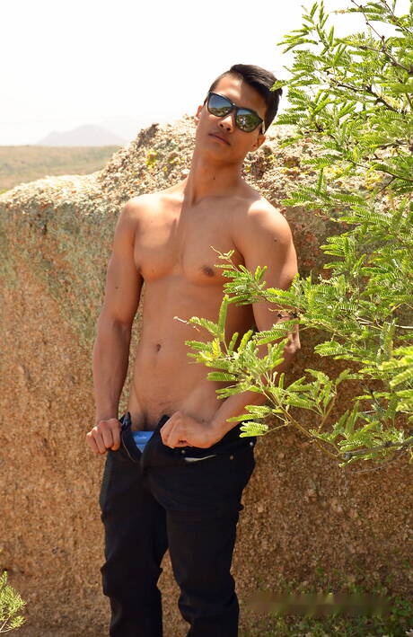 Asian bodybuilder Ken Ott posing nude outdoor