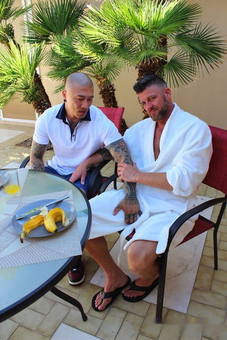 Peter Fever: American pornstars muscular Christian Matthews and bodybuilder Damian Dragon love each other outside