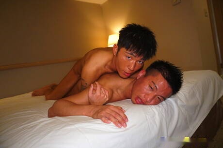 Tough guy Kouya and beefy Reach teasing cock in bathroom